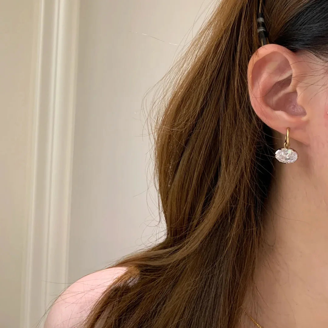 Elegant oval diamond pendant drop earrings for women, simple high-end fashion jewelry for daily wear and gifts