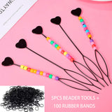 5pcs/Pack Black Quick Beader for Loading Beads on Braids Tool with 100pcs Rubber Bands for Kids Girls Hairstyle Ponytail Make