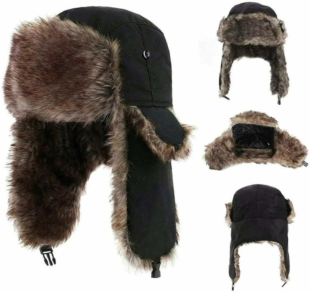 Women's faux fur trapper aviator hat with earflaps, warm Russian-style winter ski cap in brown