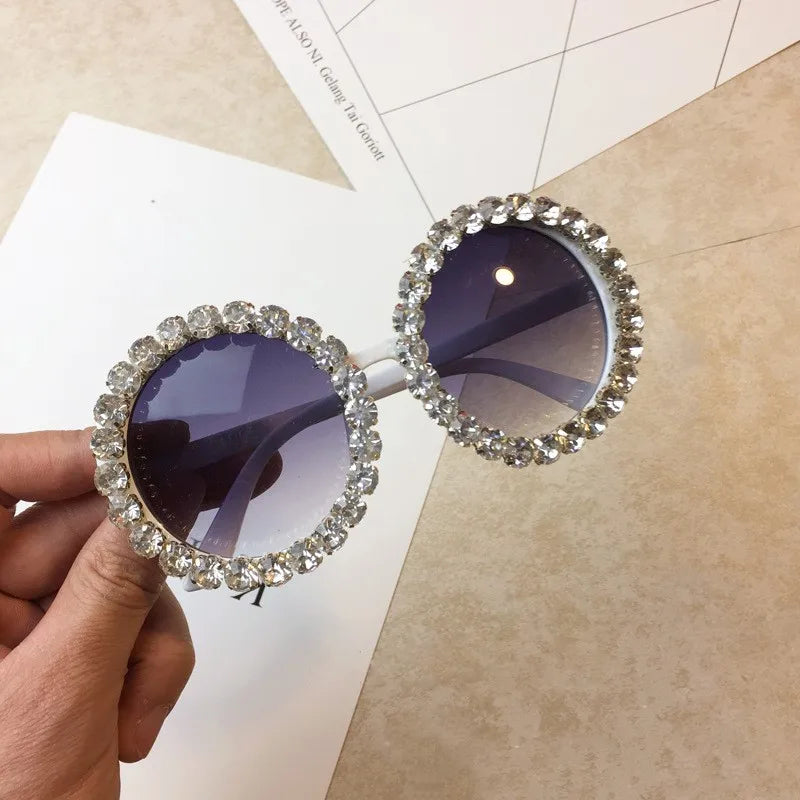 Luxury diamond crystal round sunglasses for women with big frames, designer eyewear, UV400 protection, vintage style by HSF Marketplace