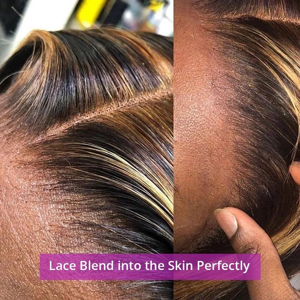 Bone straight honey blonde ombre 13x6 lace frontal human hair wig with 13x4 lace frontal, featuring natural hairstyle and highlights.