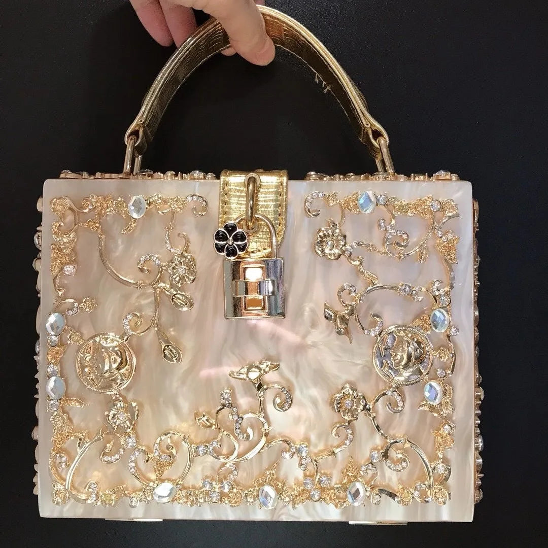 Acrylic dinner bag with engraved metal and diamond accents by HSF Marketplace