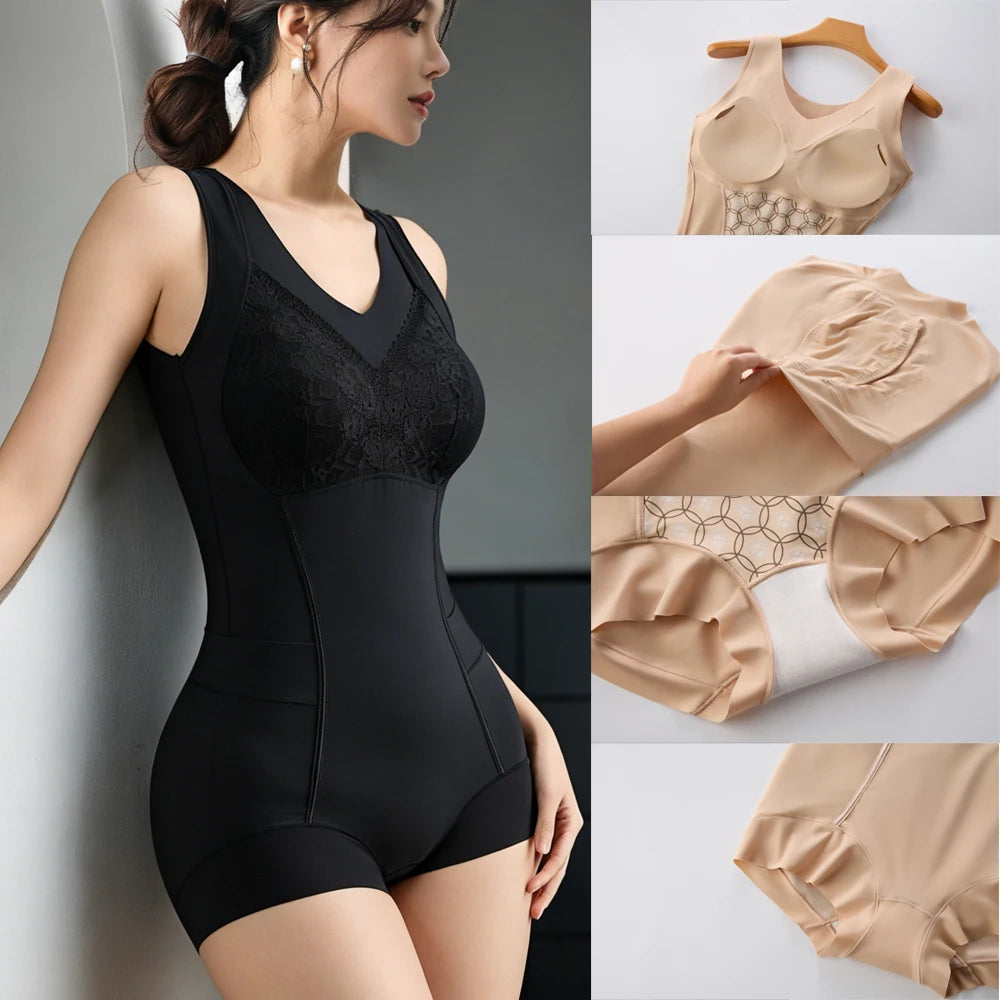 Women’s body shapewear bodysuit with abdomen control, hip-open design, applique, and built-in bra by HSF Marketplace