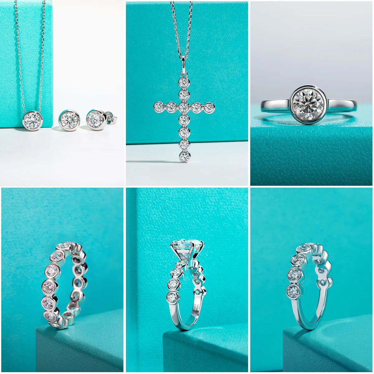 Moissanite stud earrings and necklace set in 18K gold and silver by HSF Marketplace