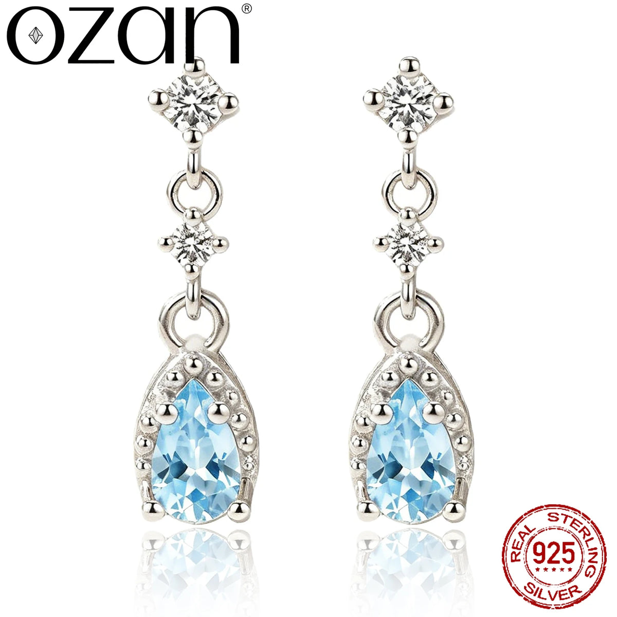 Sterling silver dangle drop earrings with sea blue CZ stones for women by HSF Marketplace