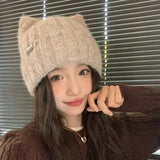 Women's cat ear knitted beanie, warm wool winter hat in Korean style by HSF Marketplace