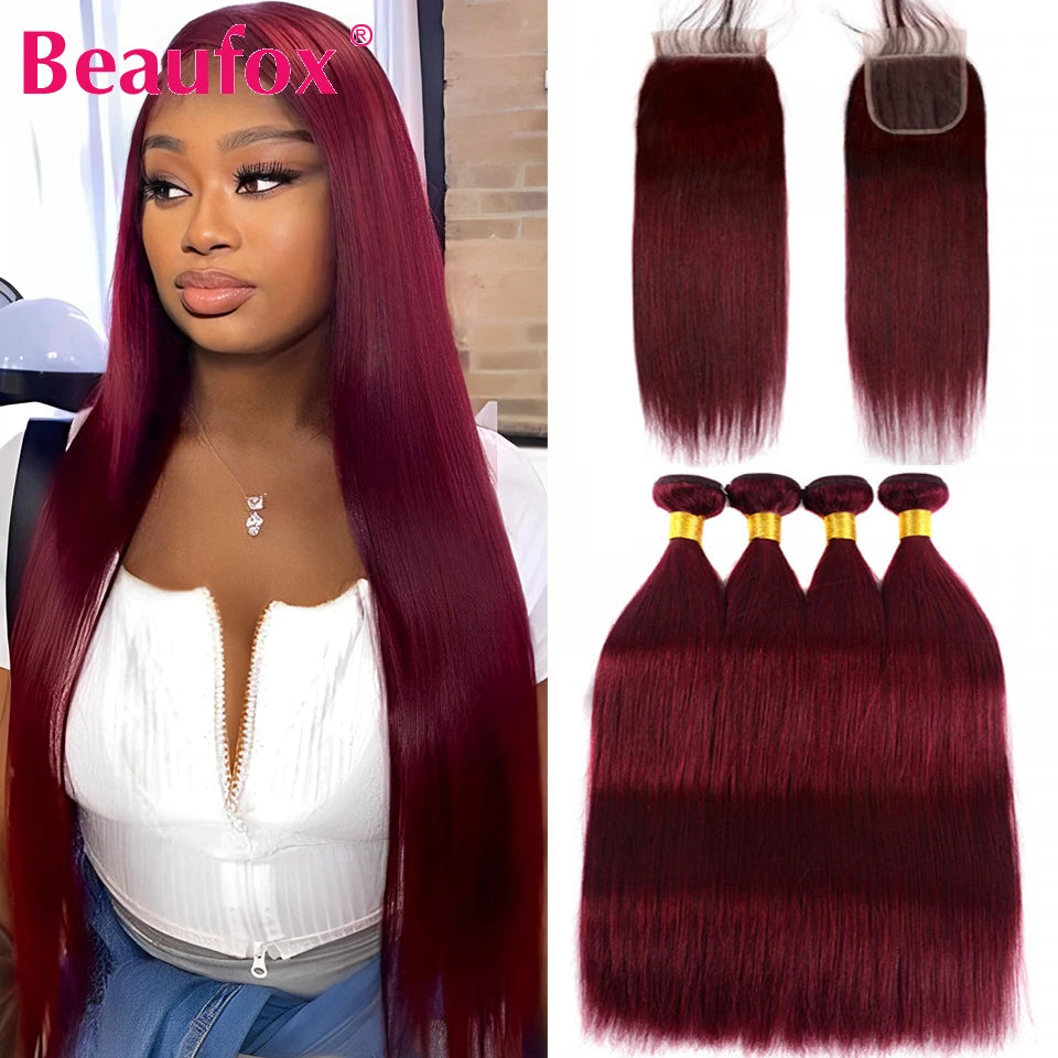 Beaufox Straight Human Hair Bundles With Closure Colored Burgundy Red 3/4 Bundles With Lace Closure 99j Brazilian Hair Bundles