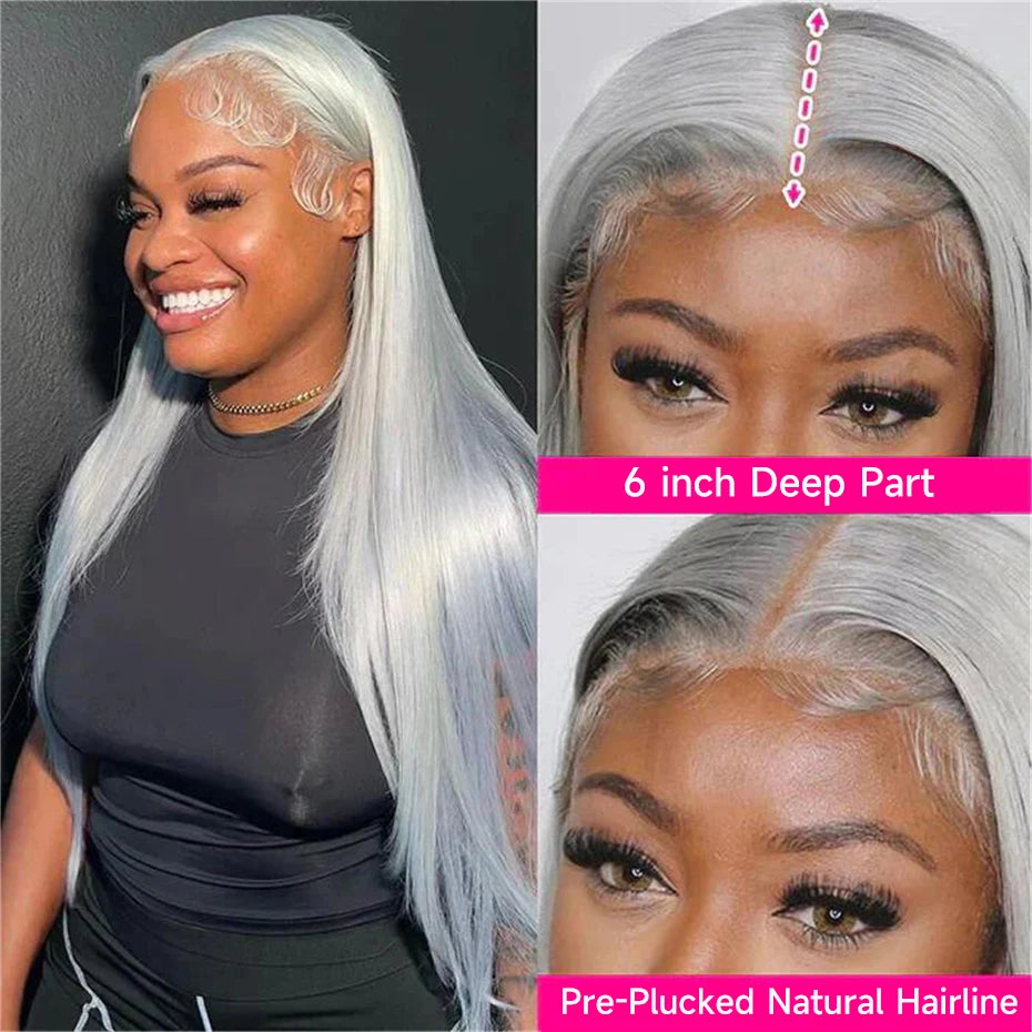 13x6 Silver Grey Straight Lace Front Human Hair Wigs Pre Plucked 613 Blonde Body Wave Frontal Wigs For Women Brazilian Hair Wigs