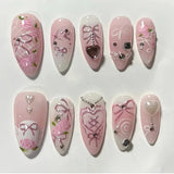 HSF Marketplace pink almond false nails with bowknots, love hearts, and pearl design, 24-piece press-on nail set