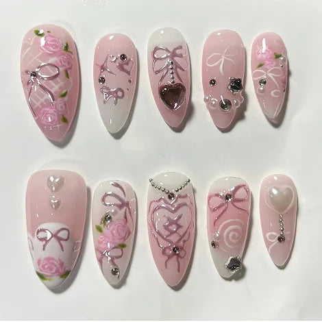 HSF Marketplace pink almond false nails with bowknots, love hearts, and pearl design, 24-piece press-on nail set