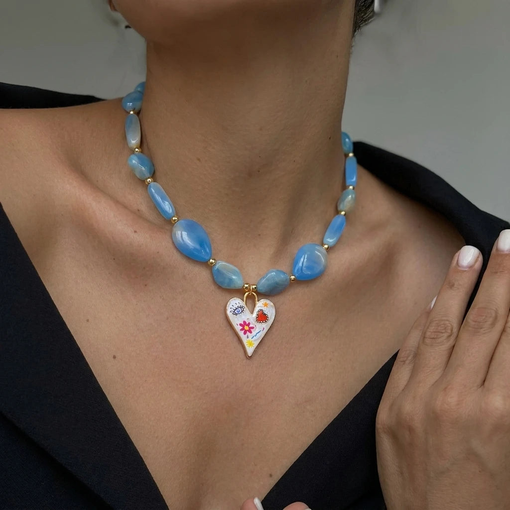 Boho stone beaded necklace with heart pendant for women by HSF Marketplace