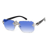 Luxury HSF Marketplace rimless square sunglasses for women with rhinestone accents, UV400 protection, fashion cut lenses, trendy diamond design