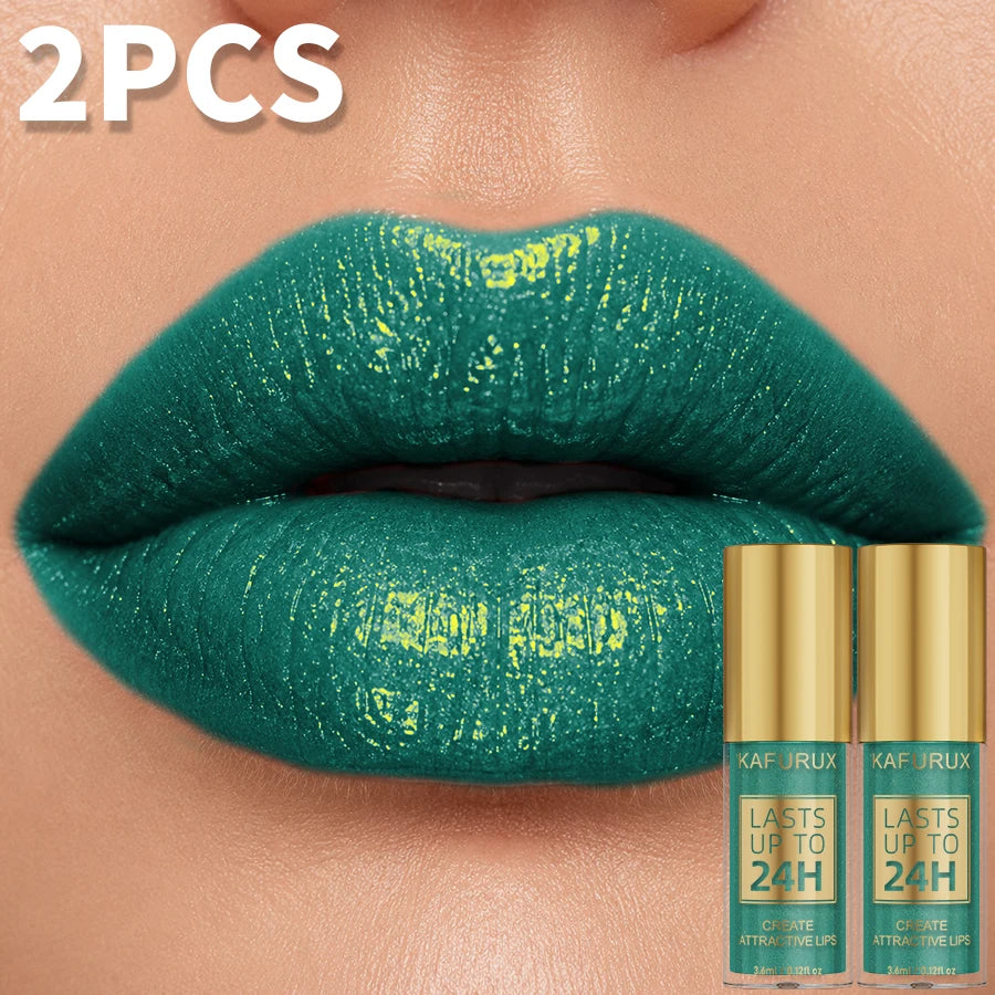 Two metallic lip gloss tubes in five glittery colors, shiny, waterproof, and long-lasting liquid lipsticks from HSF Marketplace.