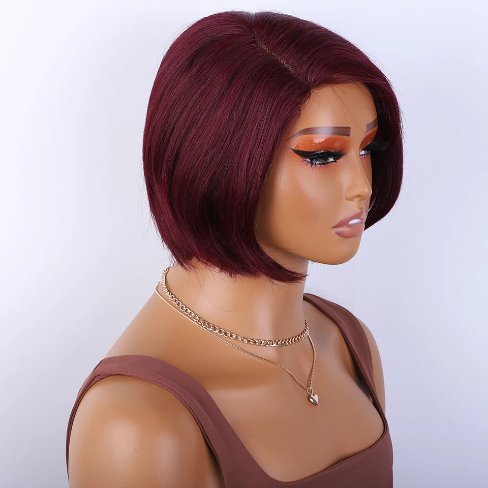 Straight burgundy human hair bob wig with side part, glueless design, worn and styled for a natural look.
