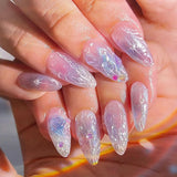 24-piece Y2K gradient blue French press-on false nails with gold moon star designs, almond shape by HSF Marketplace