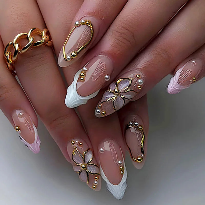 24-piece pink flower almond press-on false nails, kawaii wearable stick-on nail tips by HSF Marketplace