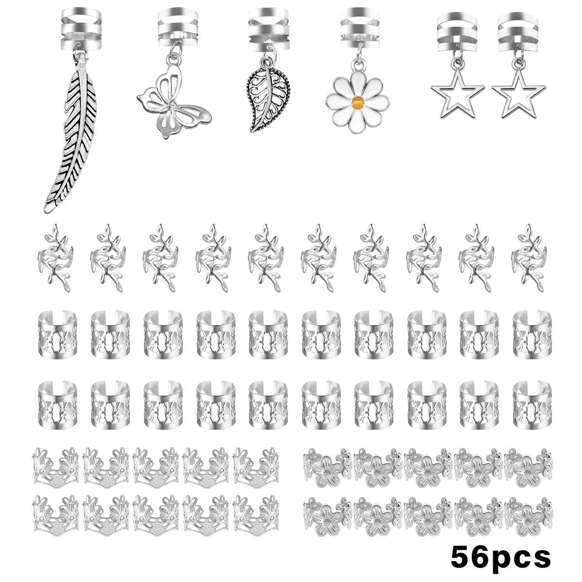 56-piece silver HSF Marketplace hair cuffs for stylish braids and dreadlocks