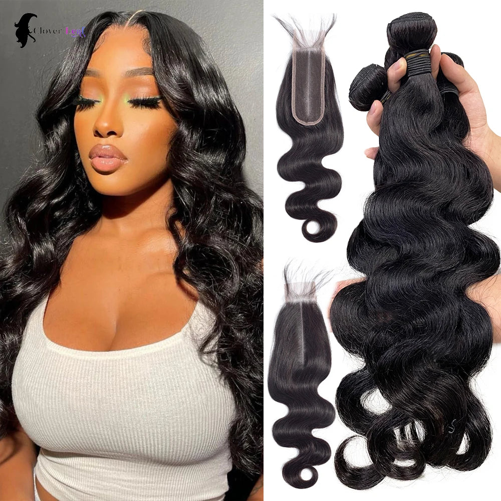 Body Wave Human Hair Bundles And Closure 2x6 4x4 5x5 Lace Closure 26 inch Human Hair Bundles With Closure Brazilian Raw Hair Bundles 100% Human Hair Extensions Soft Thick Body Wave Bundles Deals No Tangle Shedding With Transp
