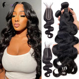 Body Wave Human Hair Bundles And Closure 2x6 4x4 5x5 Lace Closure 26 inch Human Hair Bundles With Closure Brazilian Raw Hair Bundles 100% Human Hair Extensions Soft Thick Body Wave Bundles Deals No Tangle Shedding With Transp