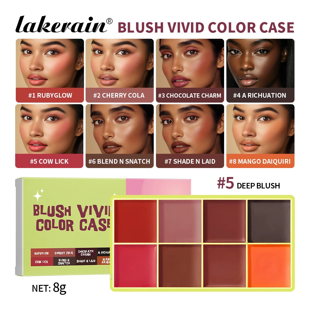 Lakerain 8-color blusher cream palette with natural shades, highlighter, and concealer for face makeup