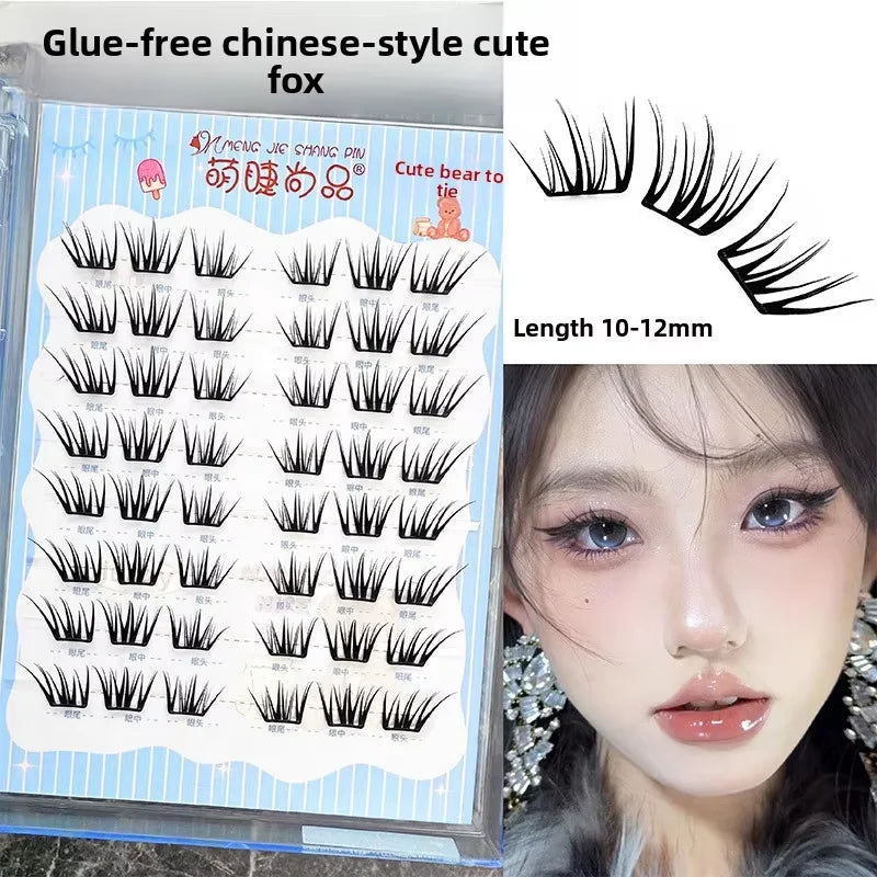 No Glue Self-Adhesive False Eyelashes - Dramatic Volume Natural Wispy Winged Fox Eye Manga Style Fluffy Cat Eye Lashes 7-12mm