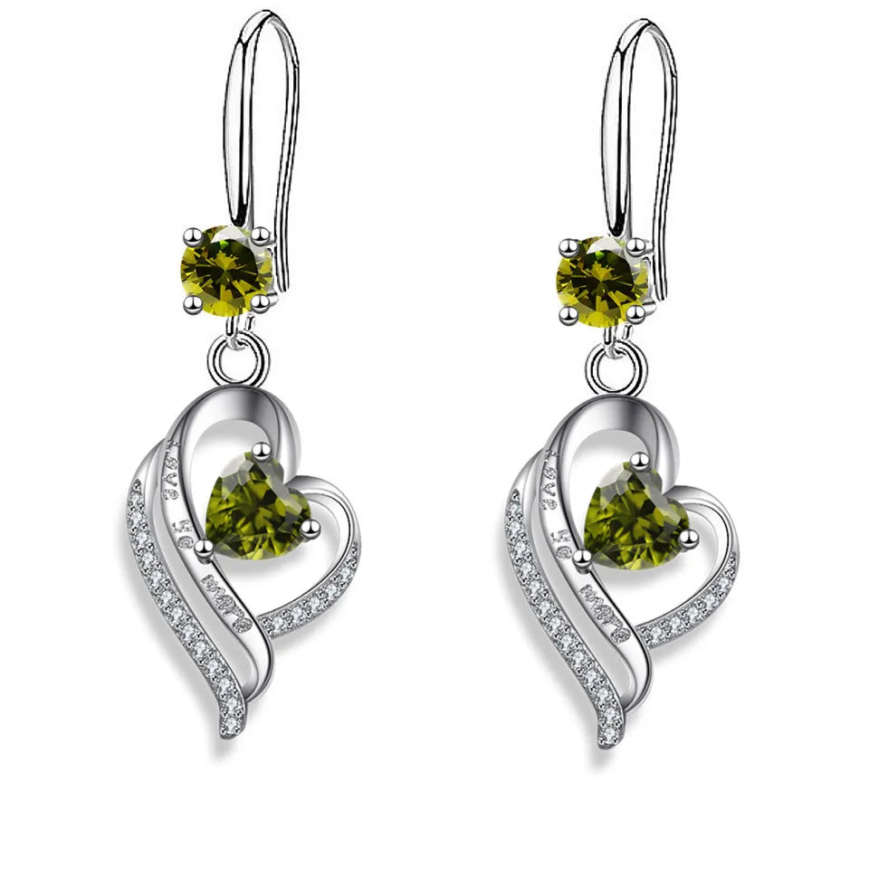 Silver heart drop earrings for women with colorful zircon stones by HSF Marketplace