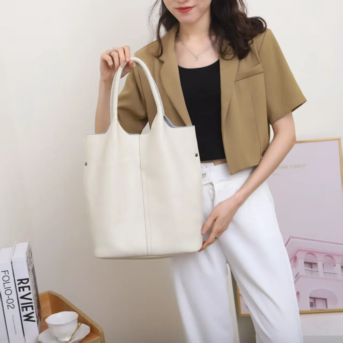 Genuine cowhide leather tote bag for women, luxury commuter style by HSF Marketplace