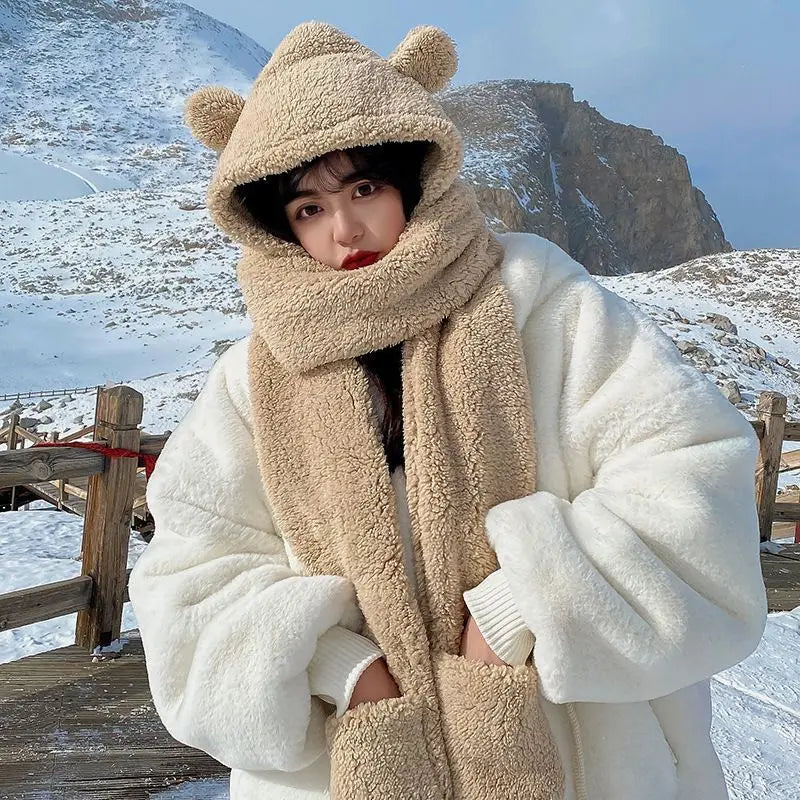 Winter bear ear hat, scarf and gloves set for women, plush warm HSF Marketplace winter accessory set