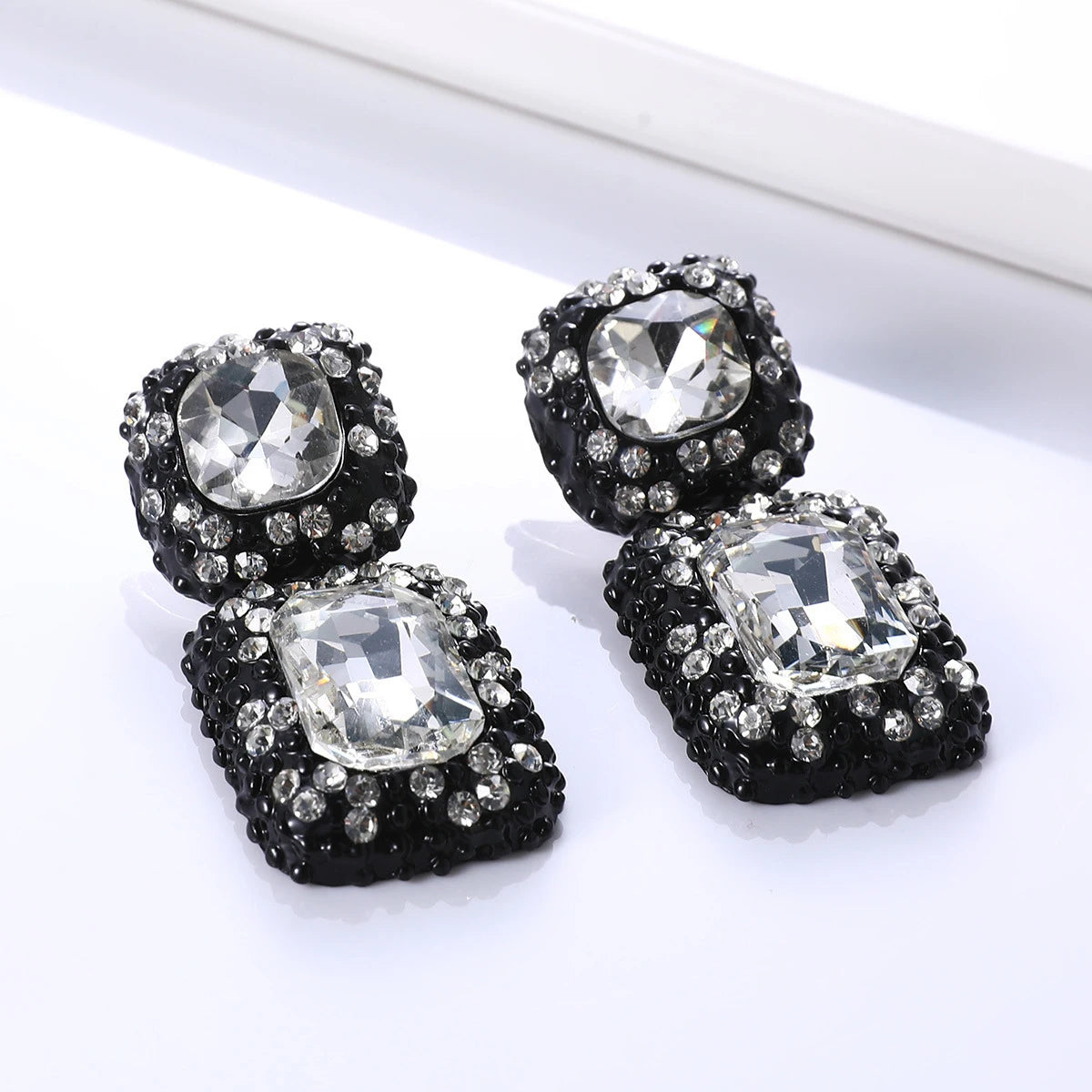 Vintage Costume Jewelry Party Accessories Gunblack Chunky Gray Black Crystal Rhinestone Square Statement Earrings for Women