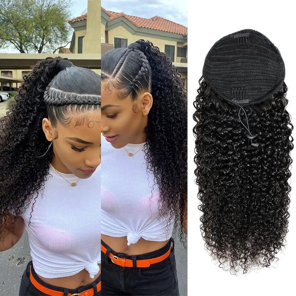 Curly deep wave drawstring ponytail extensions with clip-in thick human hair for Black women
