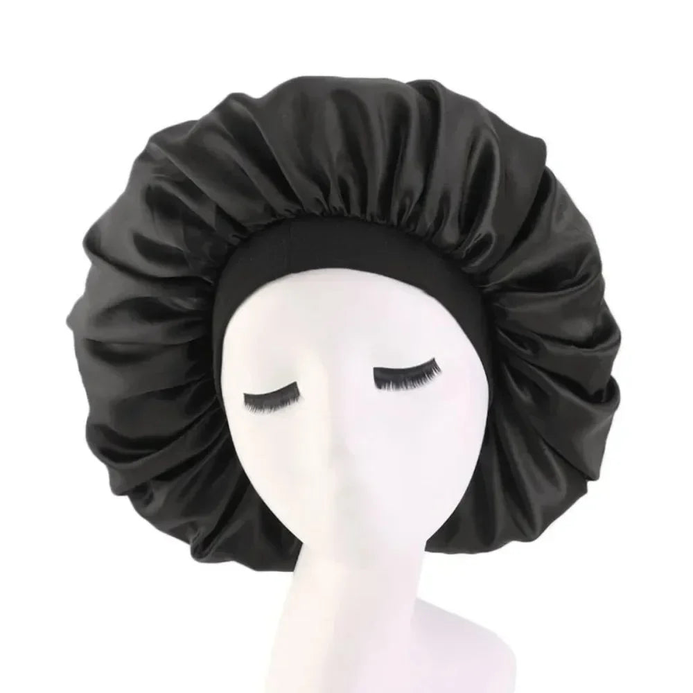 HSF Marketplace satin bonnet sleep cap for curly hair, showing smooth satin fabric and elastic edge