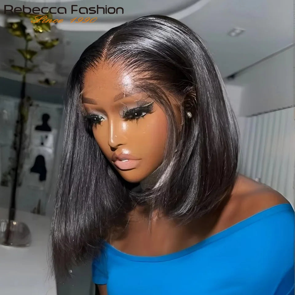 Peruvian straight black lace front human hair bob wig with reddish brown highlights, 13x6 lace part, for women.