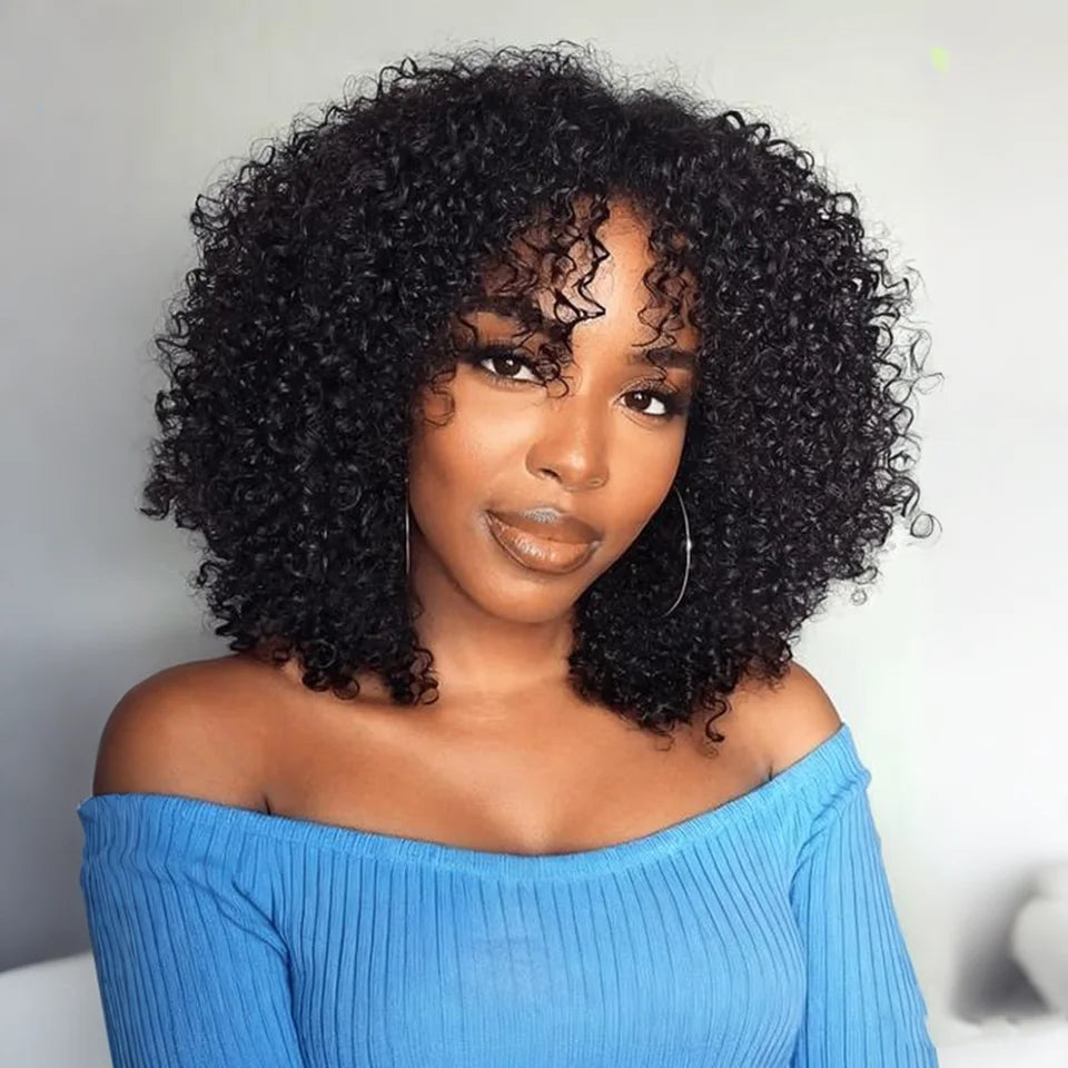 Curly bob wig made with natural human hair, shown in a short, voluminous style by HSF Marketplace
