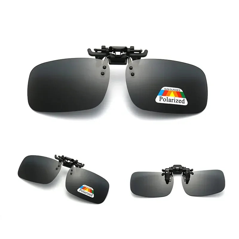 Polarized sunglasses clips for driving and outdoor use, UV400 protection, high-definition vision, compatible with eyeglasses.