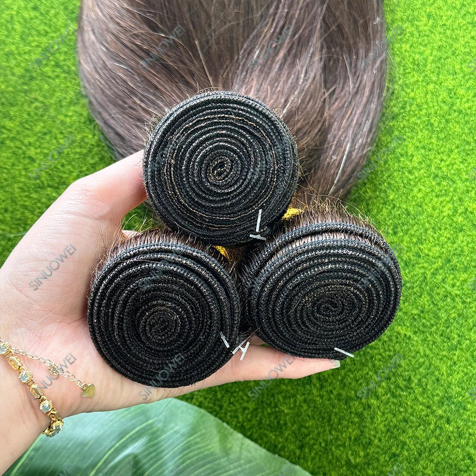 8-34Inch Chocolate Brown Straight Human Hair Bundles With Closure 100% Human Hair Bone Straight Hair  Human Hair Extensions 12A