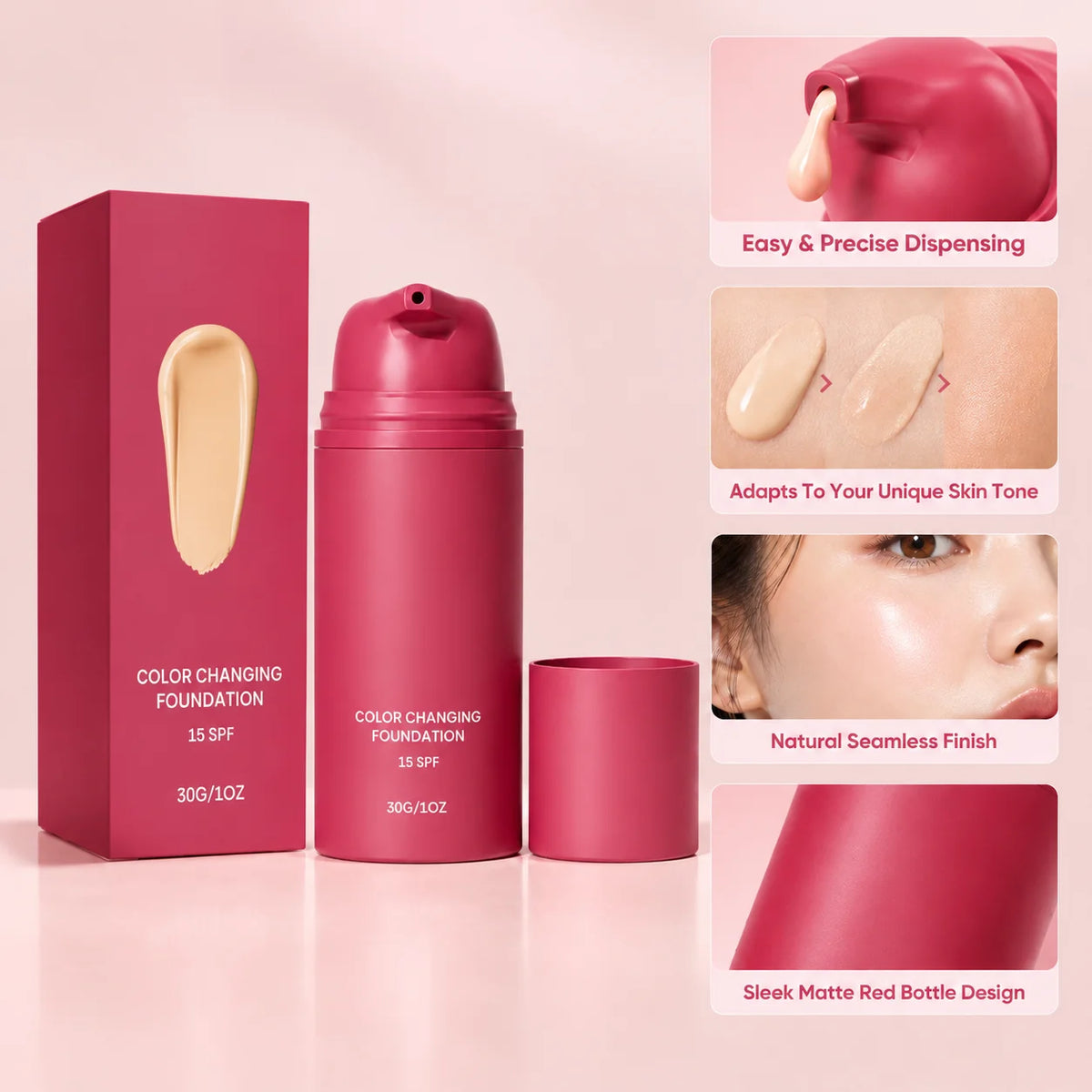 HSF Marketplace color changing foundation liquid makeup with adaptive skin tone and natural finish