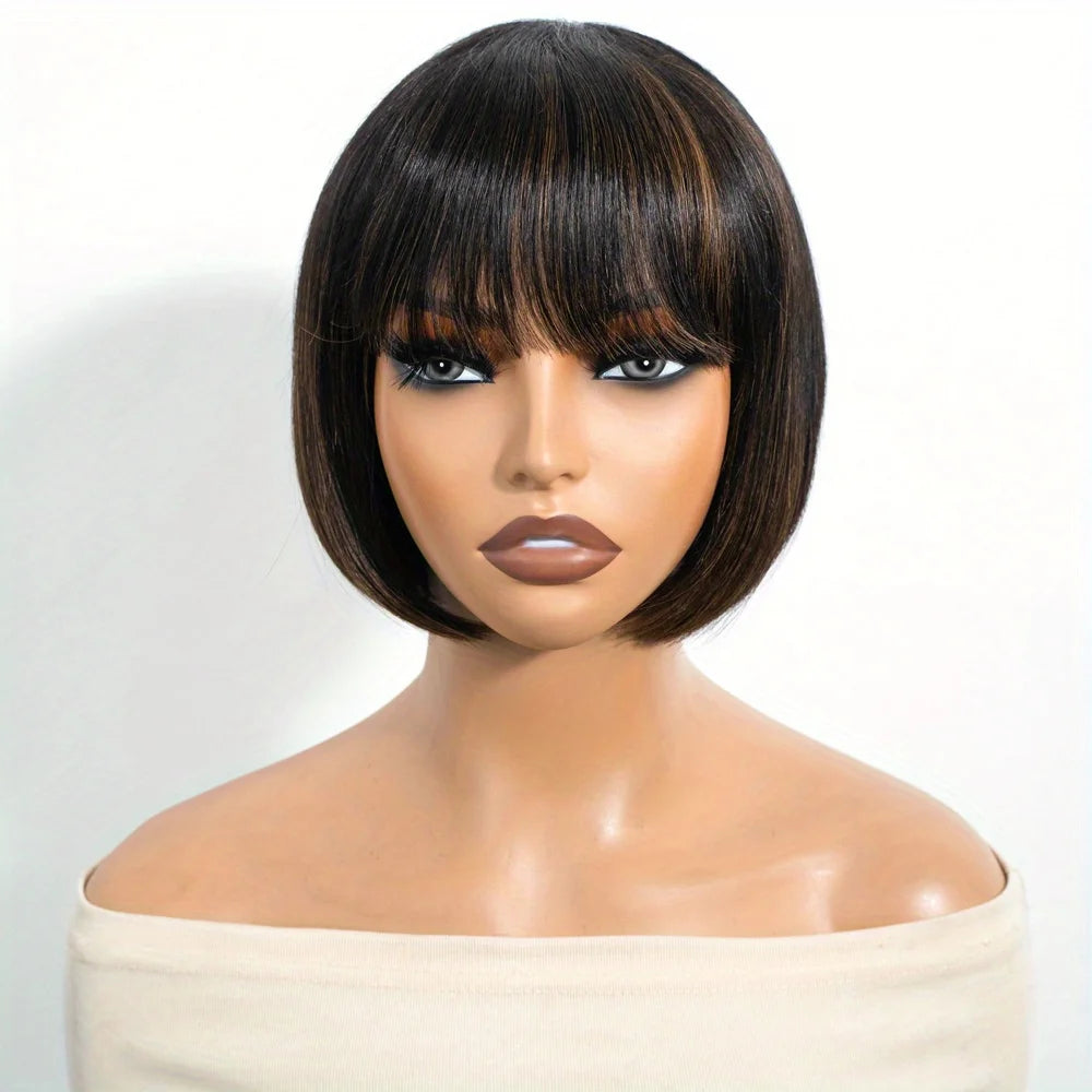 Rebecca short bob wig with bangs, Brazilian straight human hair in mixed color 1B/30, glueless machine-made wig
