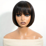 Rebecca short bob wig with bangs, Brazilian straight human hair in mixed color 1B/30, glueless machine-made wig