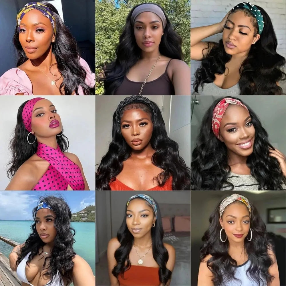 30-inch 200% density body wave human hair headband wig for Black women, machine-made, no lace front