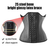 Women’s latex waist trainer corset with 25 steel bones, slimming body shaper and modeling girdle in black
