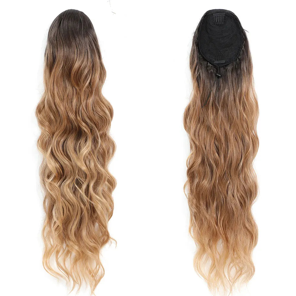 28-inch body wave drawstring ponytail with ombre brown and blonde highlights, heat-resistant synthetic hair extension