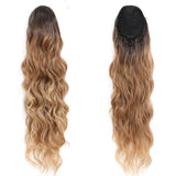 28-inch body wave drawstring ponytail with ombre brown and blonde highlights, heat-resistant synthetic hair extension
