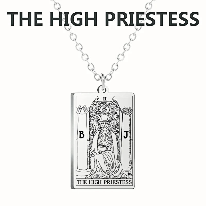 Women’s stainless steel Tarot cards necklace featuring Major Arcana charms, perfect for divination and wealth amulet jewelry.