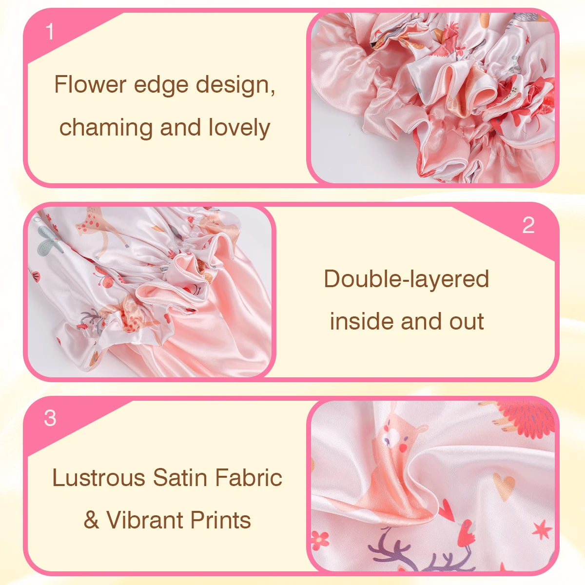 1 Piece Satin Silk Sleep Cap with Fruit Animal Print Double Layer Comfortable for Daily Use