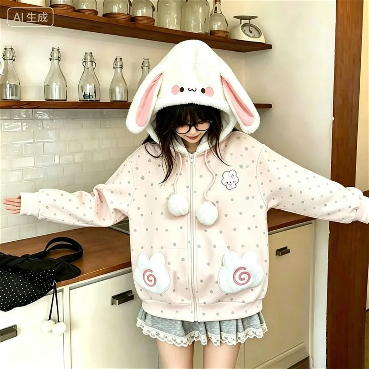 Kawaii rabbit ear zip-up hoodie for women, plush and cozy K-culture merch by HSF Marketplace