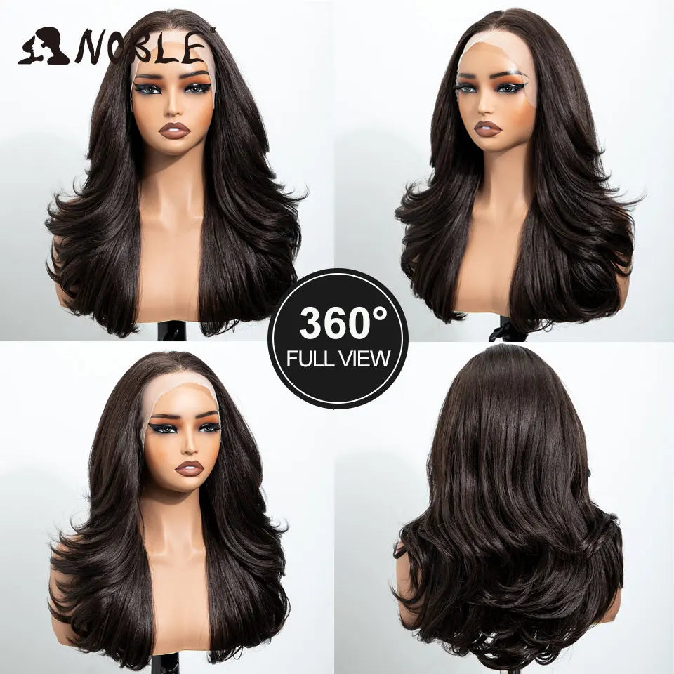 NOBLE 13x4 Synthetic Lace Front Wig 30 Inch Dark Brown Layered Fluffy Wavy Wig Pre Plucked Hairline Heat Resistant Wig For Wome