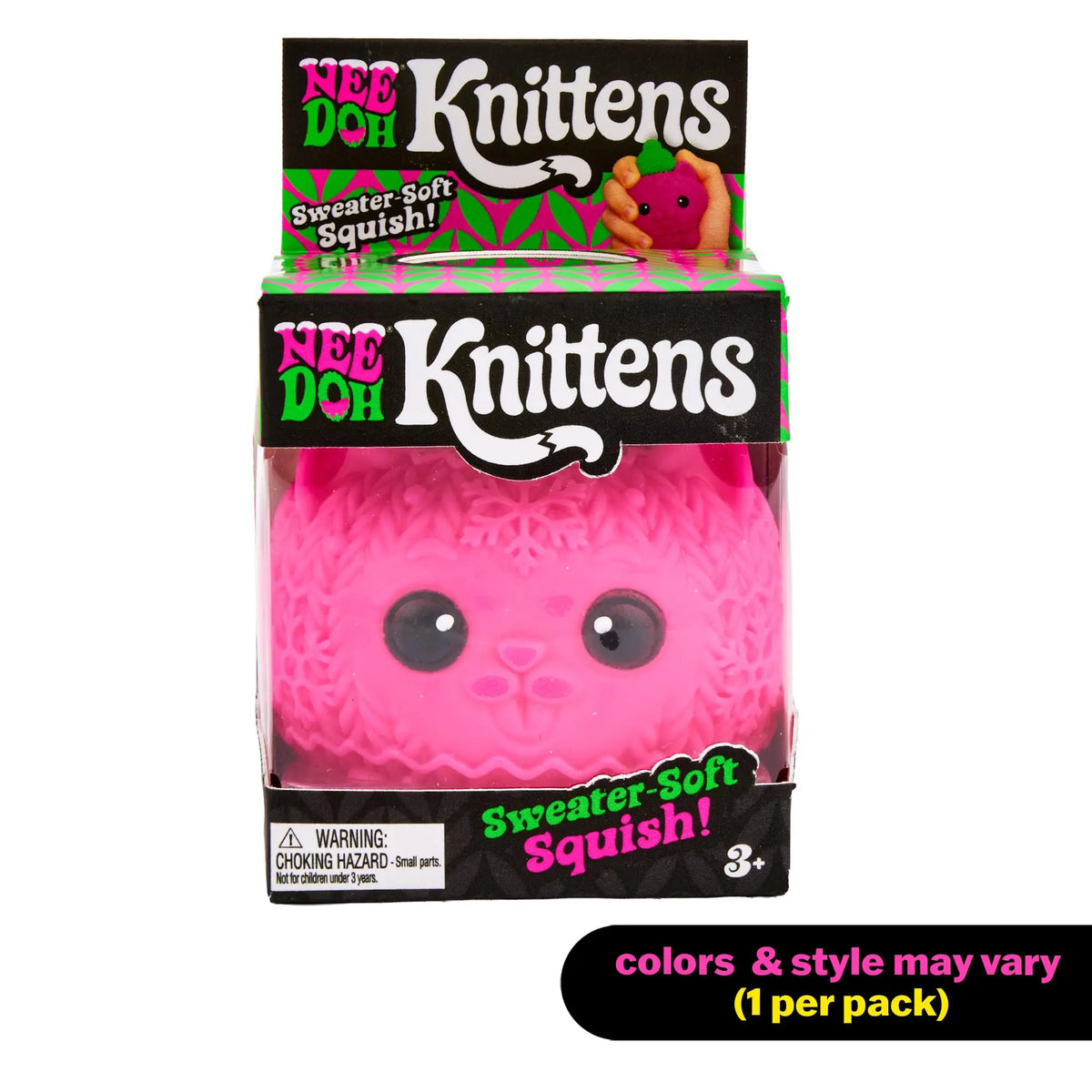 Schylling Needoh Squishmas Knittens sensory squeeze toy in various colors, soft and squishy for stress relief and sensory play.