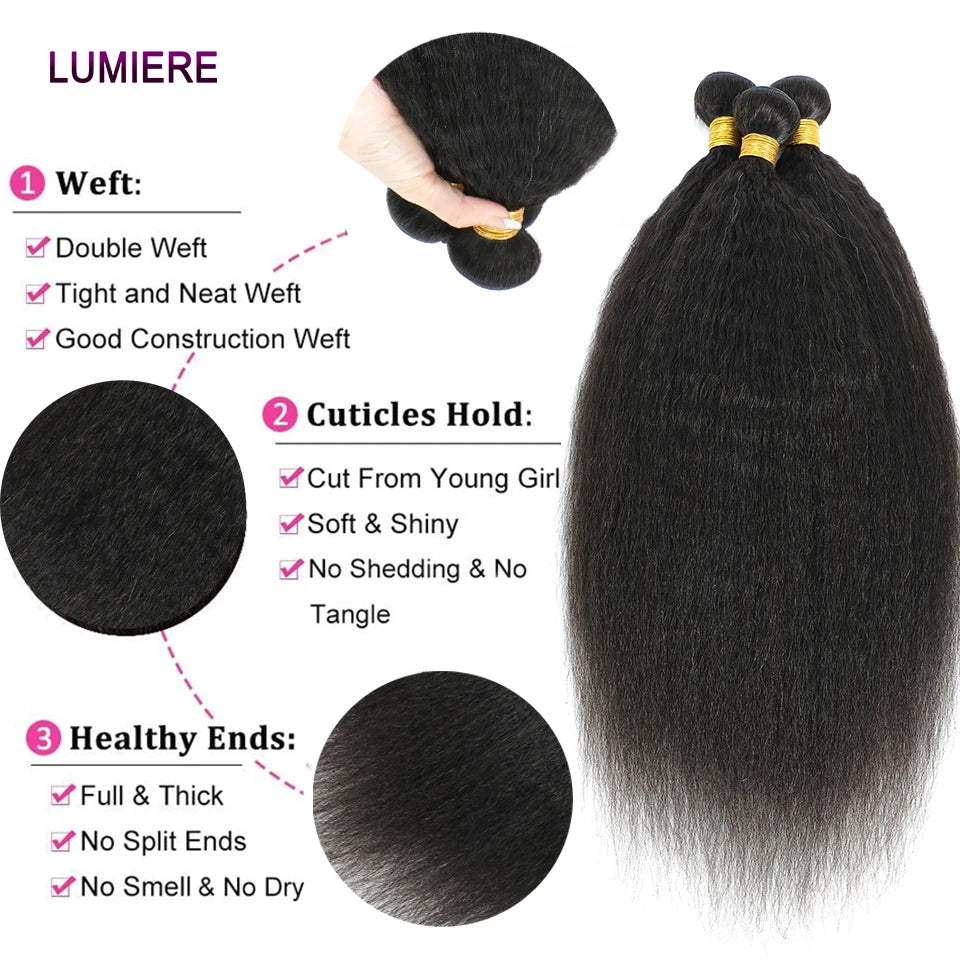 Kinky Yaki Straight Human Hair Bundles With Closure Frontal HD Transparent Brazilian Deep Curly Hair Bundles Deal Hair Extension