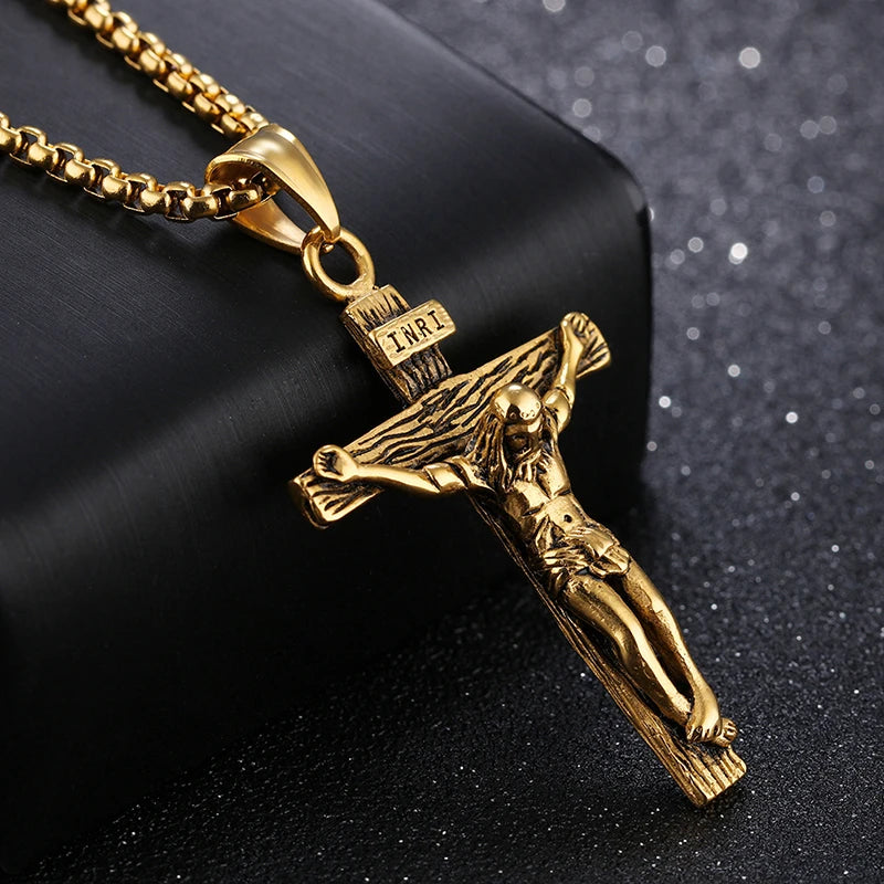Stainless steel Jesus cross necklace for men, gold and silver color options visibly displayed