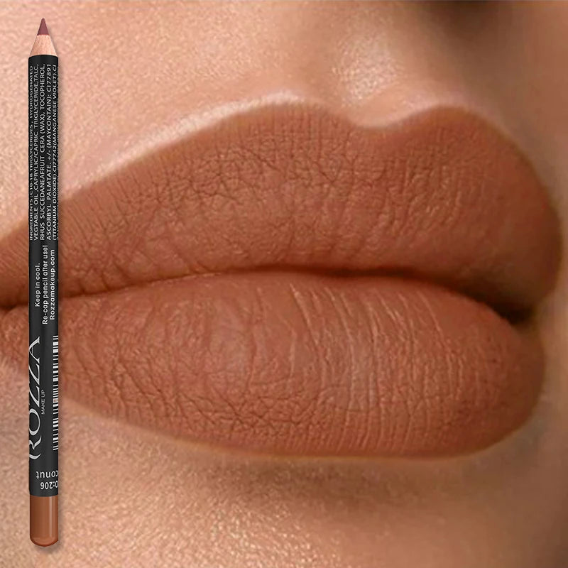 Housed in a sleek tube, Rozza waterproof matte velvety nude lip liner with high pigmentation, perfect for precise lip makeup.